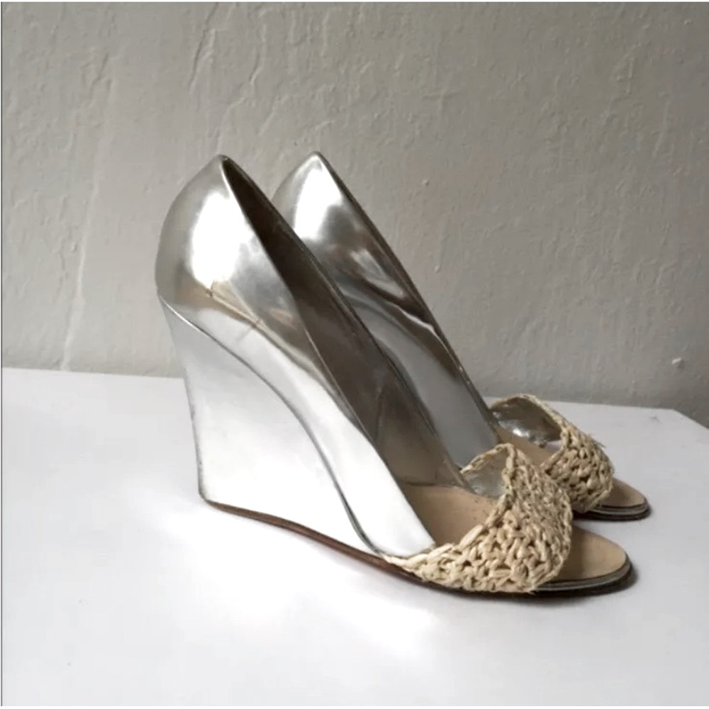 SILVER leather platform sandals crocheted